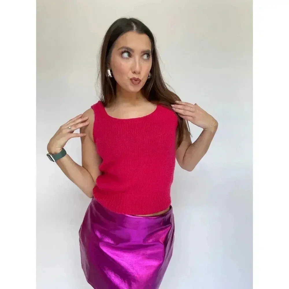 Fuchsia Pink Hand Knit Square Neck Tank - Size Small